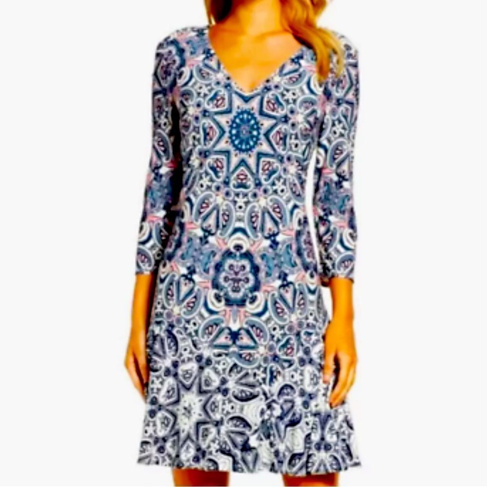 ELIZA J Women size 4 Pet. 3/4 Sleeve Fit & Flare Paisley V-Neck Lined Multicolor